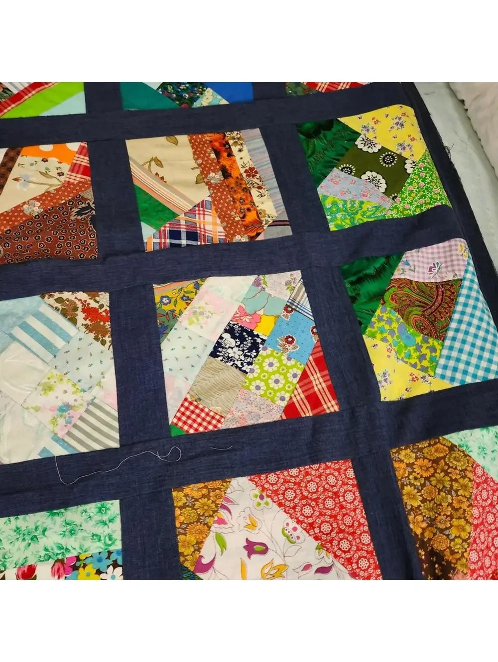 Colorful Handmade Patchwork Quilt Top PROJECT Finish Denim Borders 86x78 inches